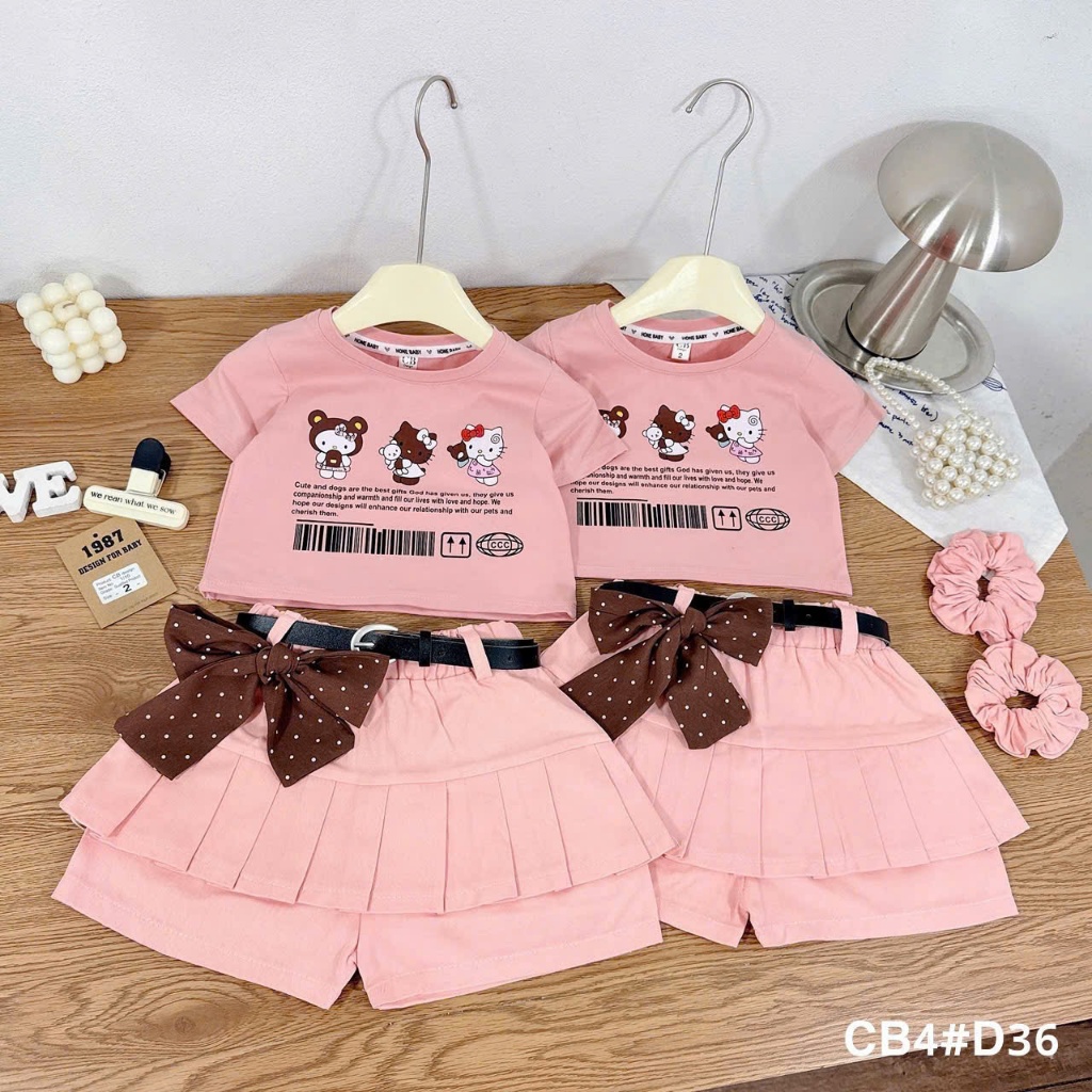 Bộ đồ bé gái, set đồ bé gái, quần áo trẻ em bé gái, áo croptop mix quần váy kaki chun co giãn 10-30kg Hami Kids