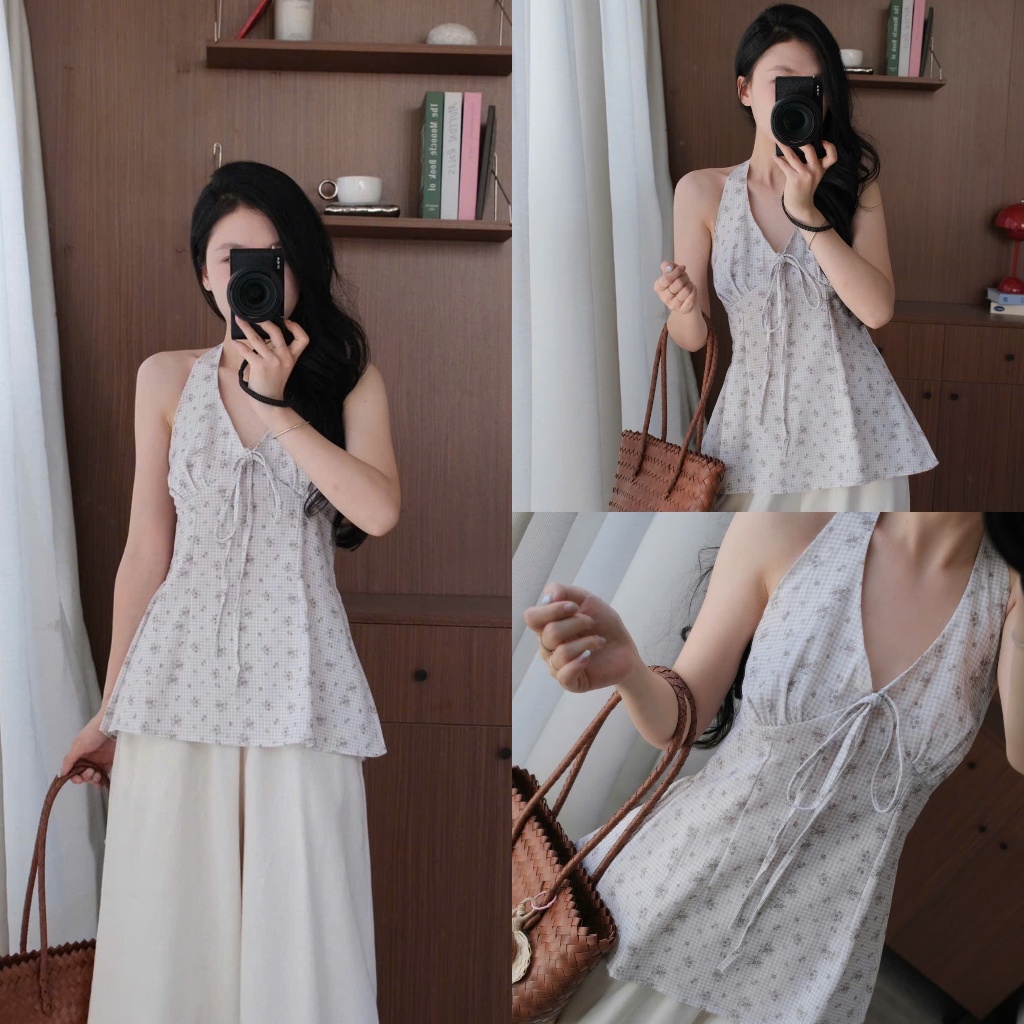 Zeli Top (TSW) Áo cổ yếm thô hoa buộc nơ trước Nữ the.sweaterweather