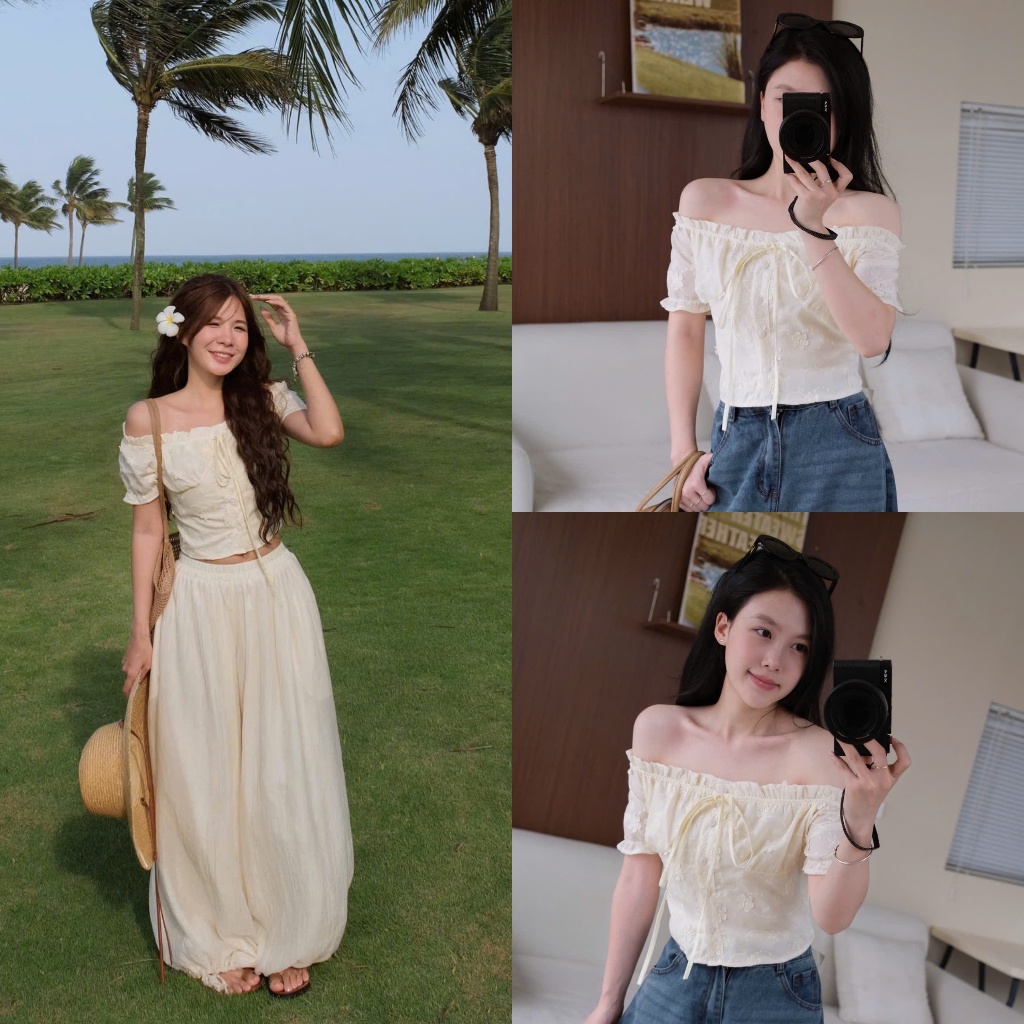 Faye Top (TSW) Áo trễ vai cài cúc thêu hoa croptop Nữ the.sweaterweather