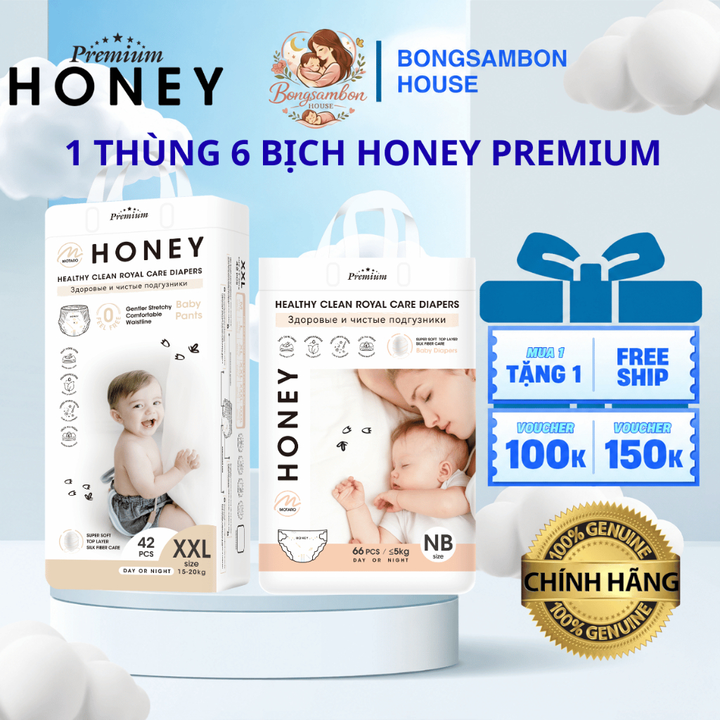 1 THÙNG 6 BỊCH Tã/Bỉm Honey Premium Cao Cấp, Hàng Chính Hãng Phân Phối Ủy Quyền Đủ Giấy Tờ