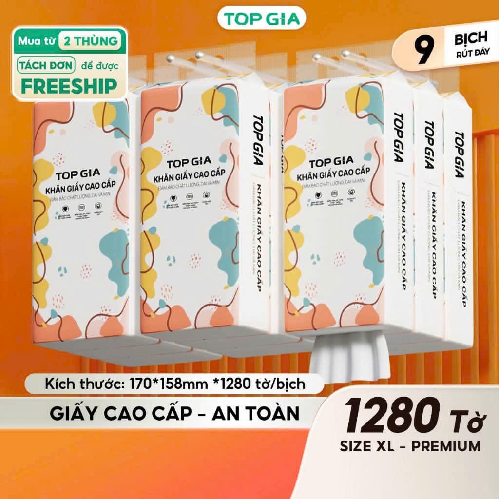 Khăn giấy rút Top Gia Thùng 6 bịch treo tường đa sắc 1280 tờ, dập vân 4D, siêu dai và mềm mịn
