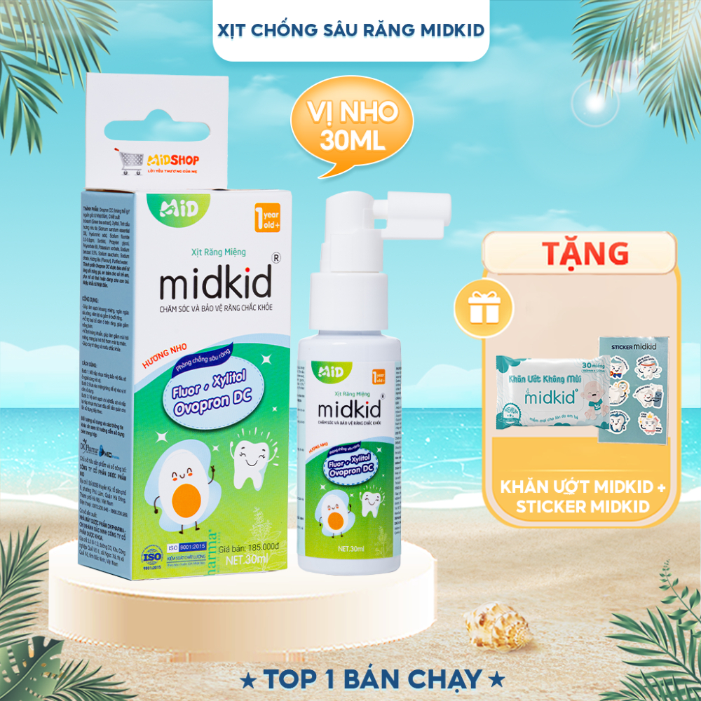 Xịt chống sâu răng Midkid vị Nho 30ml cho bé từ 1 tuổi nuốt an toàn giúp làm sạch thơm miệng loại bỏ mảng bám đen ố vàng
