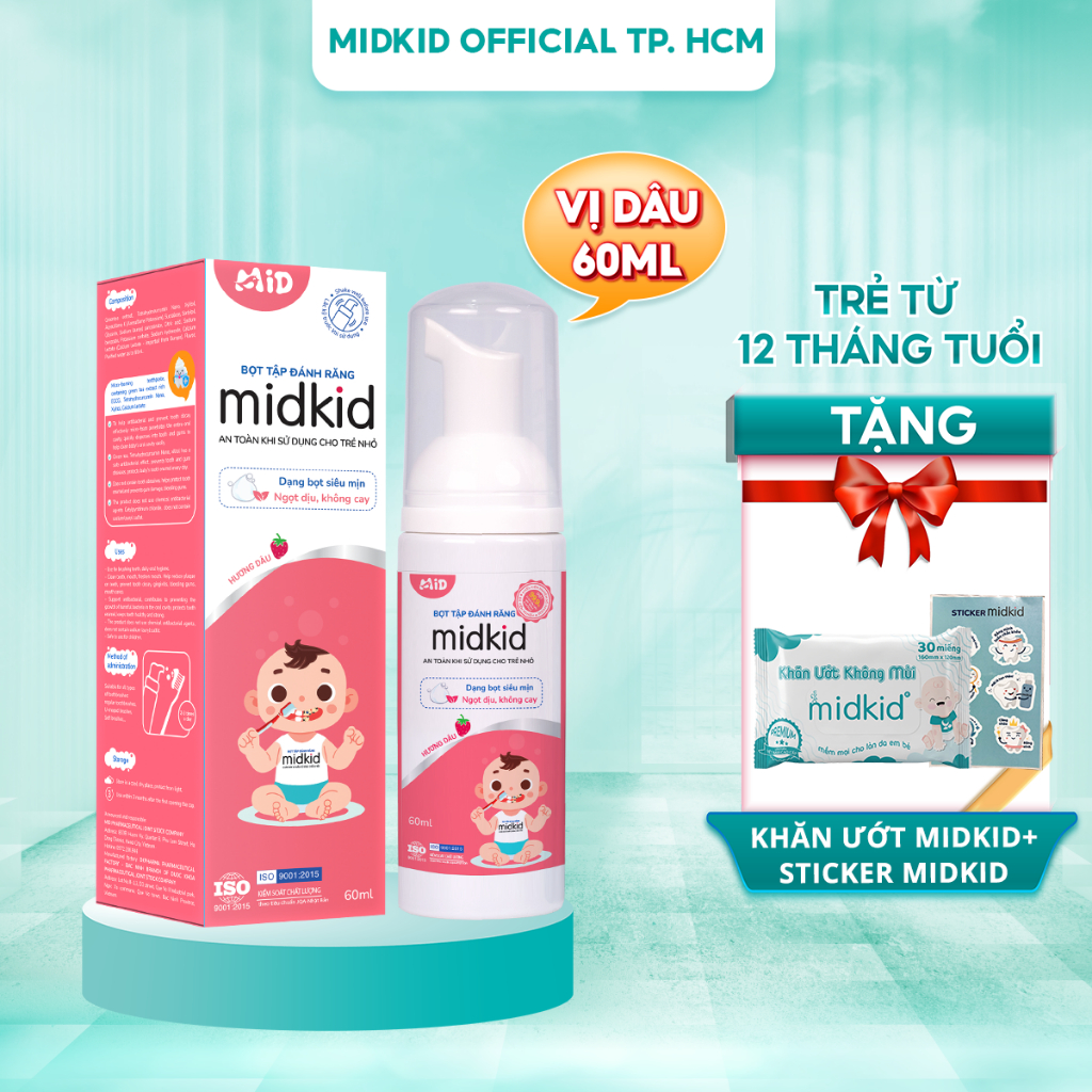 Bọt tập đánh răng Midkid cho trẻ từ 1 tuổi nuốt an toàn, hữu cơ vị Dâu 60ml, không Fluoride, không chất mài mòn răng,