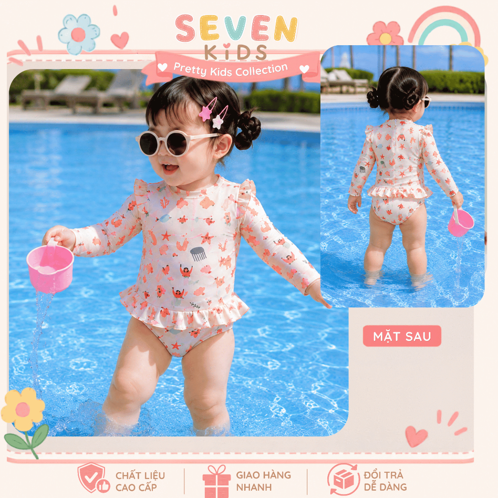 Đồ bơi bé gái liền thân tay dài chống nắng họa tiết sinh vật biển dễ thương, đồ bơi trẻ em phối bèo cho bé đi bơi S17