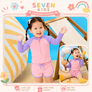 Đồ bơi bé gái dài tay chống nắng màu hồng tím, set đồ bơi trẻ em 2 món khóa kéo S6