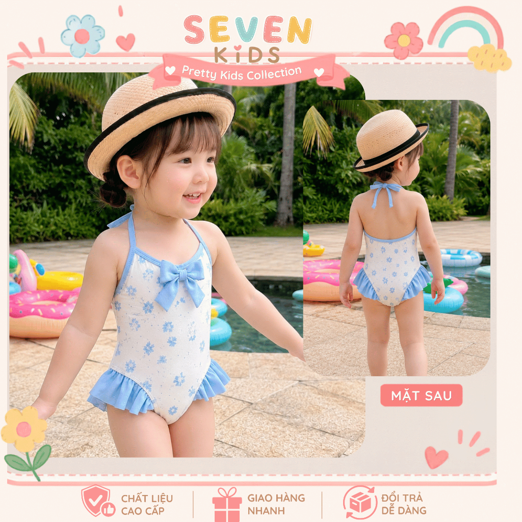 Đồ bơi bé gái liền thân cổ yếm đính dễ thương, đồ bơi trẻ em phối bèo cho bé đi biển đi bơi S16
