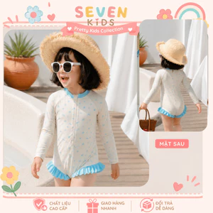 Đồ bơi bé gái liền thân tay dài chống nắng họa tiết hoa nhí, đồ bơi trẻ em phối bèo dễ thương cho bé đi biển đi bơi S18