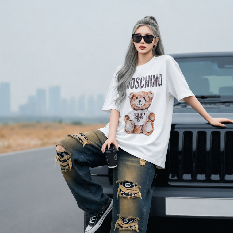 Áo thun 100% Cotton moschino teddy Cotton fom rộng oversize