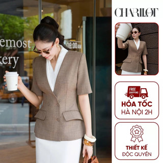 Áo Blazer Nữ EMMA Mango Kẻ Kèm Vạt Trắng Thiết Kế Charllot Áo Vest Chiết Eo Tôn Dáng Tay Lỡ