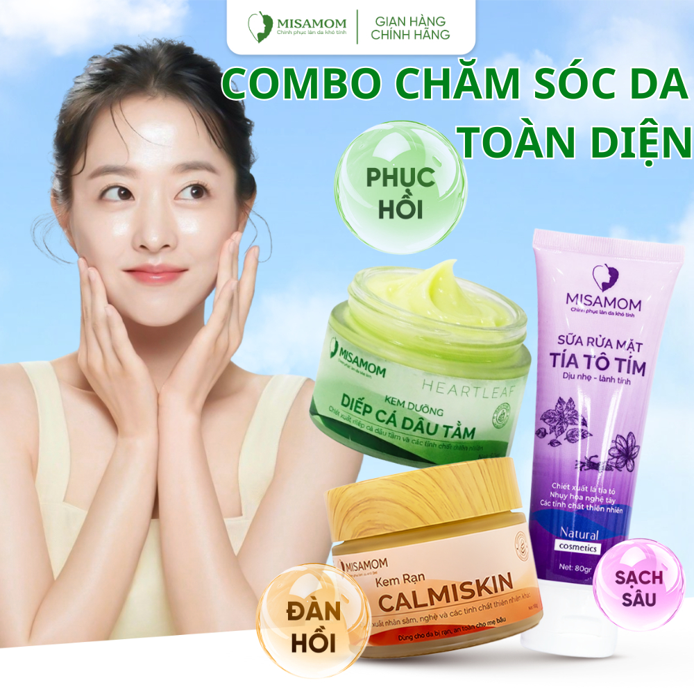 Combo chăm sóc da toàn diện Misamom - Kem diếp cá - Sữa Rửa Mặt Tía Tô - Kem rạn da cho bà bầu