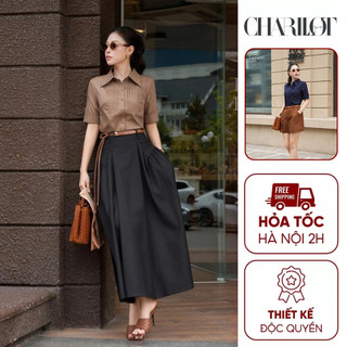 Áo Sơ Mi Nữ MILAN Chất Thô Hàn Charllot Xếp Ly Cổ Bản Lớn Thanh Lịch, Ít Nhăn Mát Mẻ Nâu Xanh