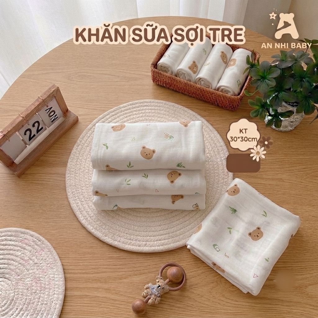 ​[SET 3/5CÁI] Khăn Sữa Cho Bé Sợi Tre An Nhi Baby 30x30cm - Khăn Mặt Sơ Sinh Organic Siêu Thấm Hút, Không Đổ Lông