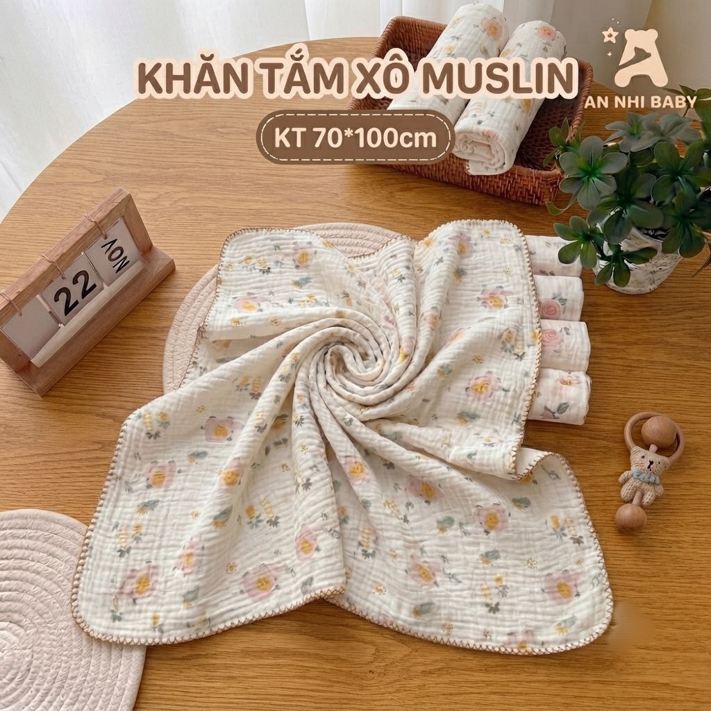 Khăn Tắm Xô Muslin 2 Lớp Cho Bé An Nhi Baby - Kích Thước 70x100cm, 95x95cm (Nhiều Họa Tiết)