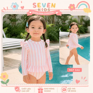 Đồ bơi bé gái liền thân tay dài sọc hồng phối bèo dễ thương, đồ bơi trẻ em chống nắng cho bé đi biển đi bơi S19