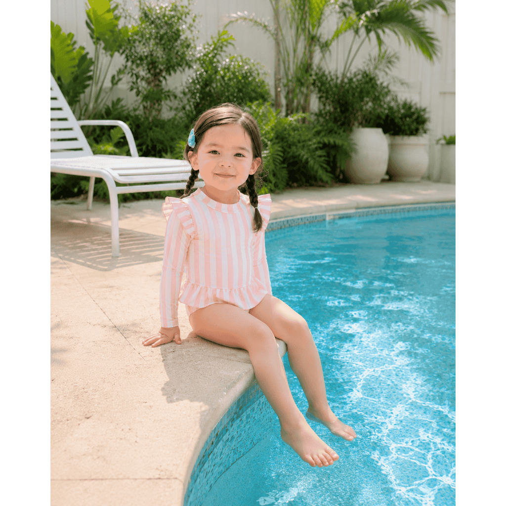Đồ bơi bé gái liền thân tay dài sọc hồng phối bèo dễ thương, đồ bơi trẻ em chống nắng cho bé đi biển đi bơi S19