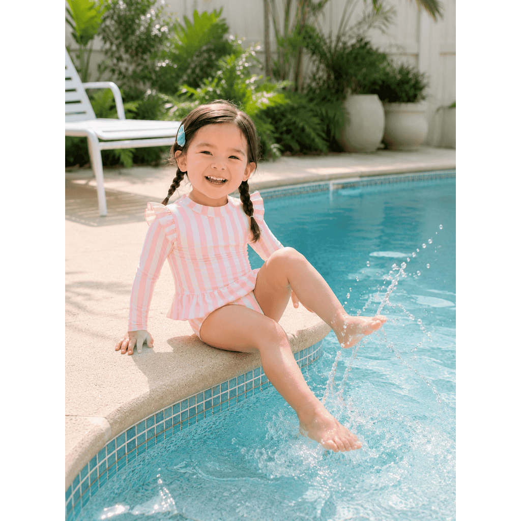 Đồ bơi bé gái liền thân tay dài sọc hồng phối bèo dễ thương, đồ bơi trẻ em chống nắng cho bé đi biển đi bơi S19