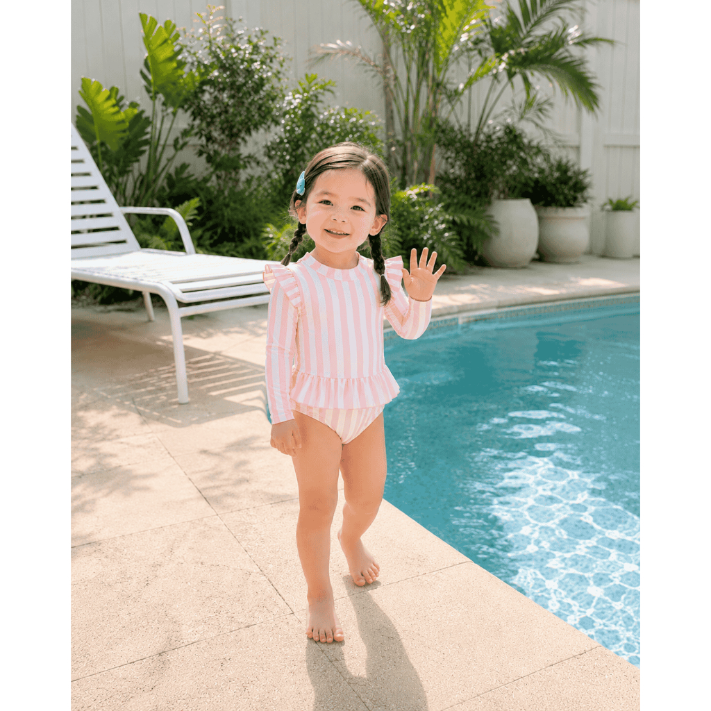 Đồ bơi bé gái liền thân tay dài sọc hồng phối bèo dễ thương, đồ bơi trẻ em chống nắng cho bé đi biển đi bơi S19