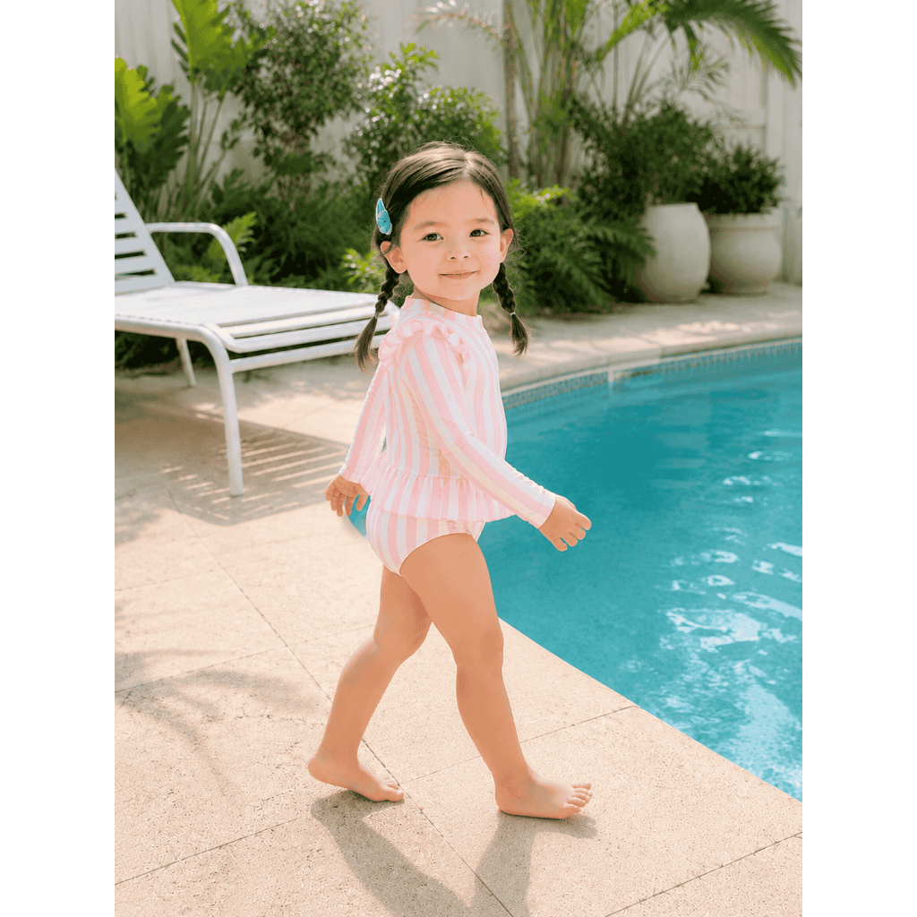 Đồ bơi bé gái liền thân tay dài sọc hồng phối bèo dễ thương, đồ bơi trẻ em chống nắng cho bé đi biển đi bơi S19