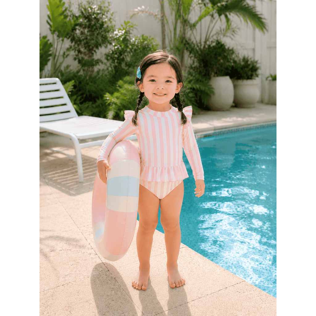 Đồ bơi bé gái liền thân tay dài sọc hồng phối bèo dễ thương, đồ bơi trẻ em chống nắng cho bé đi biển đi bơi S19