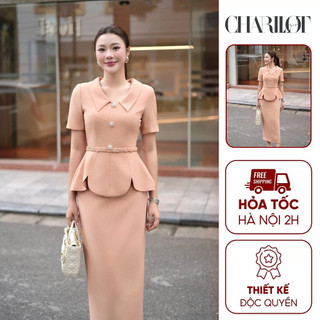 Áo Peplum Chân Váy Midi Cam Đất Xoắn Eo Thiết Kế Charllot Công Sở Nữ Thanh Lịch Chất Crepe Ít Nhăn