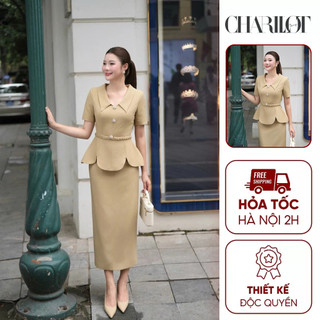 Áo Peplum Nữ Chân Váy Midi Be Xoắn Eo Thiết Kế Charllot Công Sở Nữ Thanh Lịch Chất Crepe Ít Nhăn