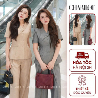 Áo Vest Kẻ Quần Suông MACAL Thiết Kế Charllot Cổ Cách Điệu Chất Crepe Ít Nhăn Tôn Dáng Cao Cấp