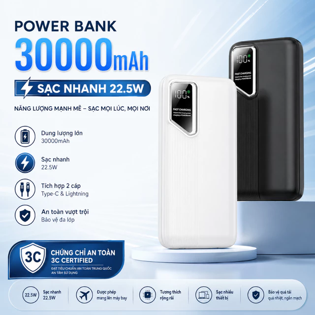 Pin Sạc Dự Phòng 30000mAh Với 2 Cổng Sạc Nhanh 22.5w và PD 20W Kèm 4 Đầu Sạc Màn Hình LED RGB