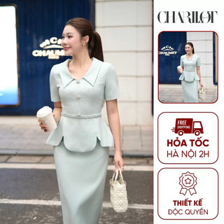 Áo Peplum Nữ Chân Váy Midi Xanh Xoắn Eo Thiết Kế Charllot Công Sở Nữ Thanh Lịch Chất Crepe Ít Nhăn