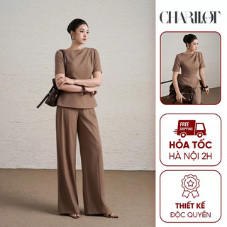 Áo Peplum Nữ Quần Suông Nâu Beige NINI Thiết Kế Charllot Công Sở Nữ Thanh Lịch Chất Chéo Hàn Ít Nhăn