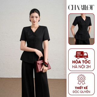 Áo Peplum Nữ Hoa Ngực Đen ASA Quần Suông Dài Thiết Kế Charllot Công Sở Nữ Tôn Dáng Chất Tuysi Nhật