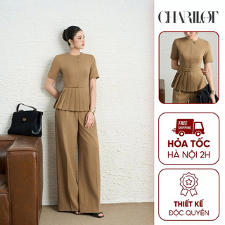 Áo Peplum Nữ Xếp Ly Quần Suông Nâu NAMI Thiết Kế Charllot Công Sở Nữ Thanh Lịch Chất Crepe Ít Nhăn