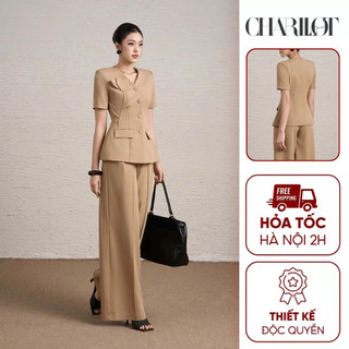Áo Peplum Nữ Hoa Ngực Be ASA Quần Suông Dài Thiết Kế Charllot Công Sở Nữ Tôn Dáng Chất Tuysi Nhật