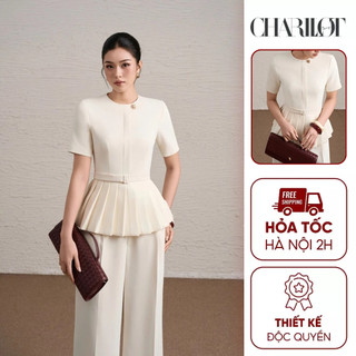 Áo Peplum Nữ Xếp Ly Quần Suông Kem NAMI Thiết Kế Charllot Công Sở Nữ Thanh Lịch Chất Crepe Ít Nhăn