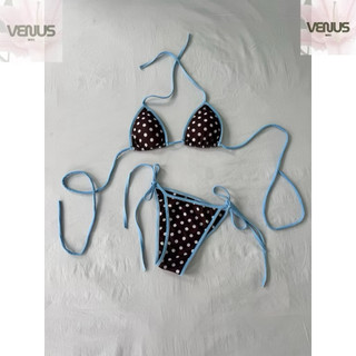 (HÀNG SẴN - HOẢ TỐC) VENUS BIKINI - 2 MẢNH ĐI BIỂN CHẤM BI NÂU CƠ BẢN - VIỀN XANH