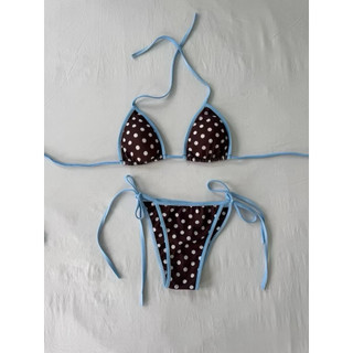 (HÀNG SẴN - HOẢ TỐC) VENUS BIKINI - 2 MẢNH ĐI BIỂN CHẤM BI NÂU CƠ BẢN - VIỀN XANH
