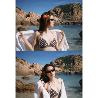 (HÀNG SẴN - HOẢ TỐC) VENUS BIKINI - 2 MẢNH ĐI BIỂN CHẤM BI NÂU CƠ BẢN - VIỀN XANH
