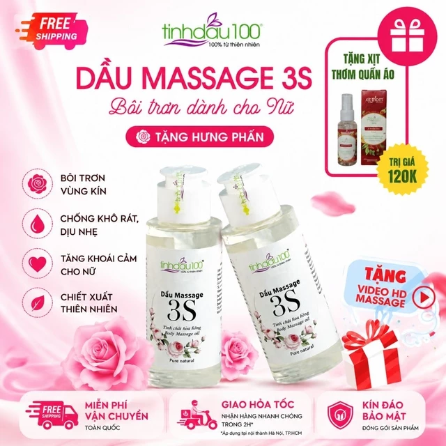 Combo 2 Tinh dầu massage 3S, dầu matxa body, Yoni mùi hoa hồng. Tặng bộ video hướng dẫn massage Tinh Dầu 100 Official