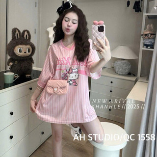 QCL1 Áo thun kitty kẻ hồng cổ tim siêu hot, xinh xỉu chuẩn Momo xịn sò (Freesz)