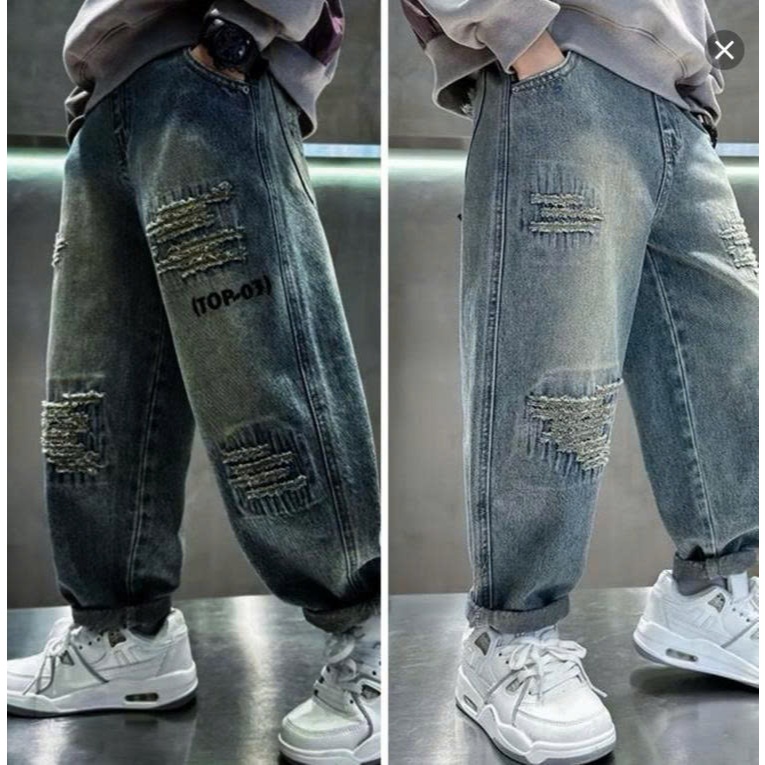 [TH026] Quần Jeans Dài Bé Trai Cắt Rách Chất Bò Mềm Co Giãn Lưng Thun Thời Trang Cá Tính 6-15 Tuổi