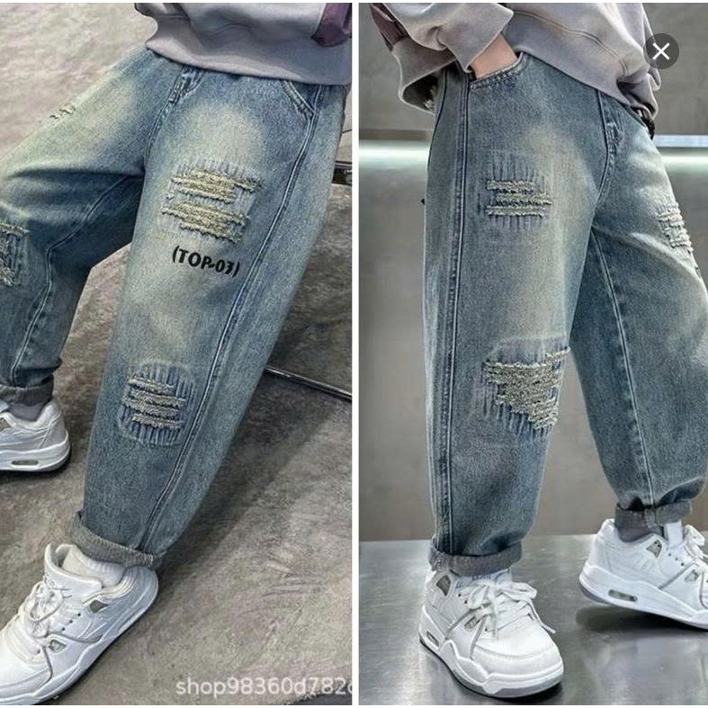 [TH026] Quần Jeans Dài Bé Trai Cắt Rách Chất Bò Mềm Co Giãn Lưng Thun Thời Trang Cá Tính 6-15 Tuổi