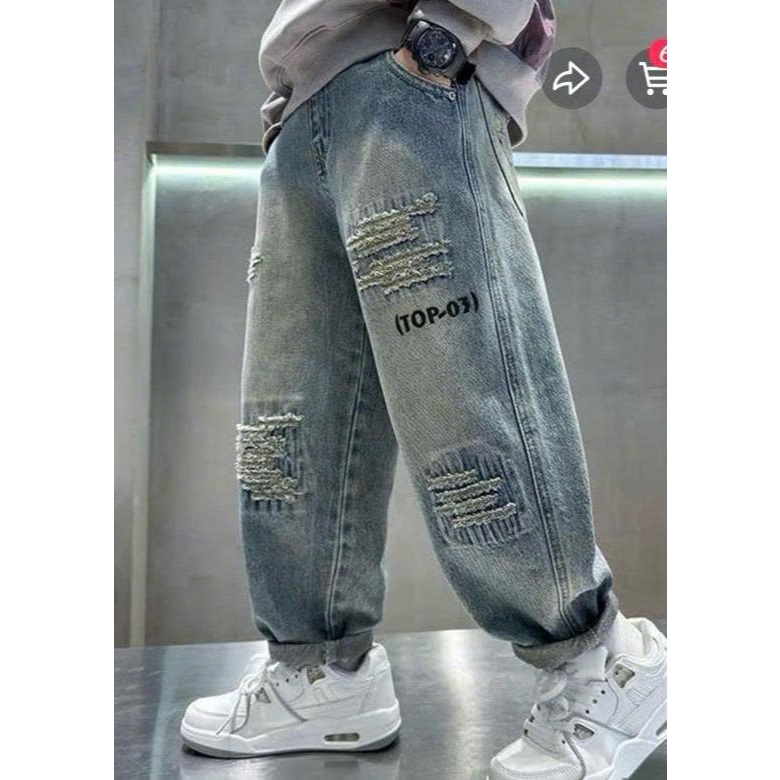[TH026] Quần Jeans Dài Bé Trai Cắt Rách Chất Bò Mềm Co Giãn Lưng Thun Thời Trang Cá Tính 6-15 Tuổi