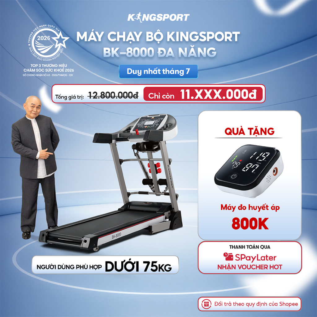 [KOL] Máy chạy bộ KINGSPORT BK-8000 đa năng, thảm chạy rộng chống trơn, 12 bài luyện tập