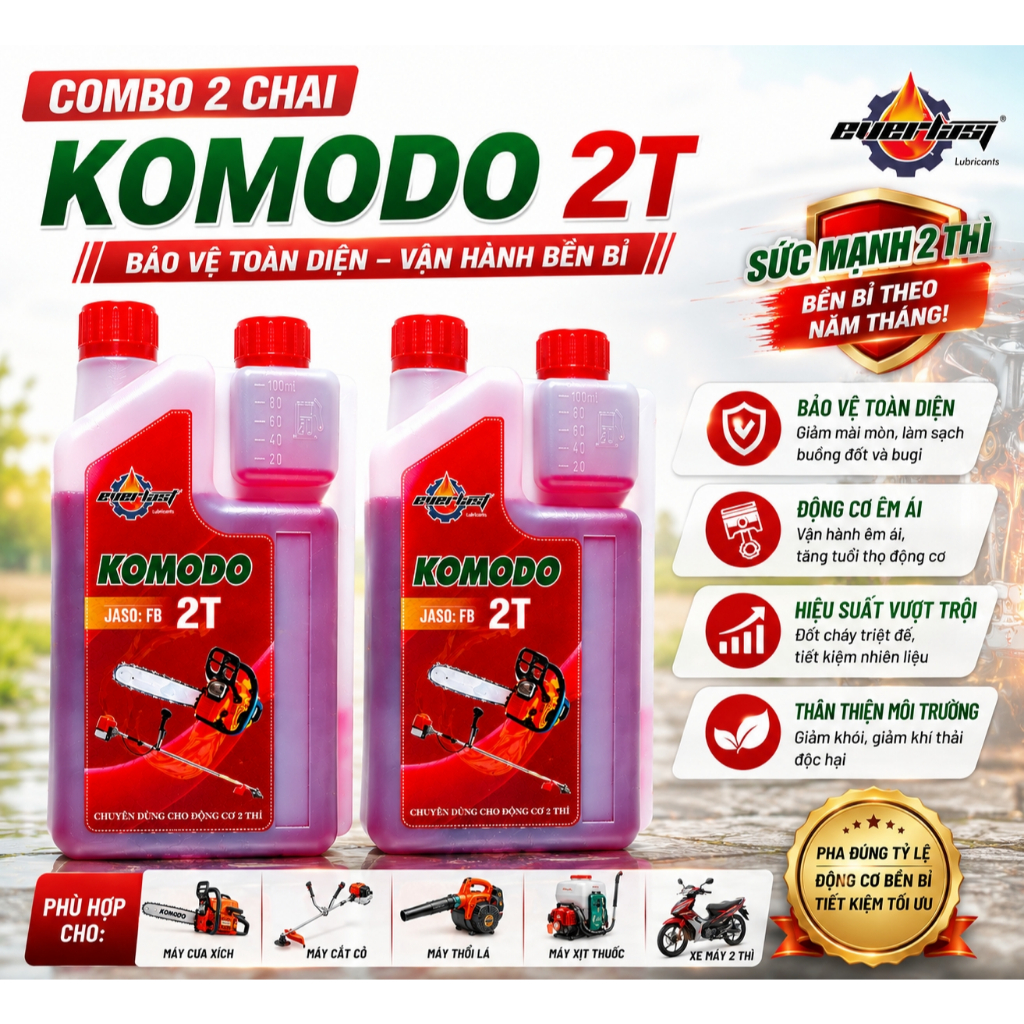 Nhớt 2T KOMODO 1L Có Bình Đong - Dầu Nhớt Động Cơ 2 Thì Ít Khói, Pha Xăng E10 Cho Xe 2T, Máy Cưa Cắt Cỏ Phun Thuốc