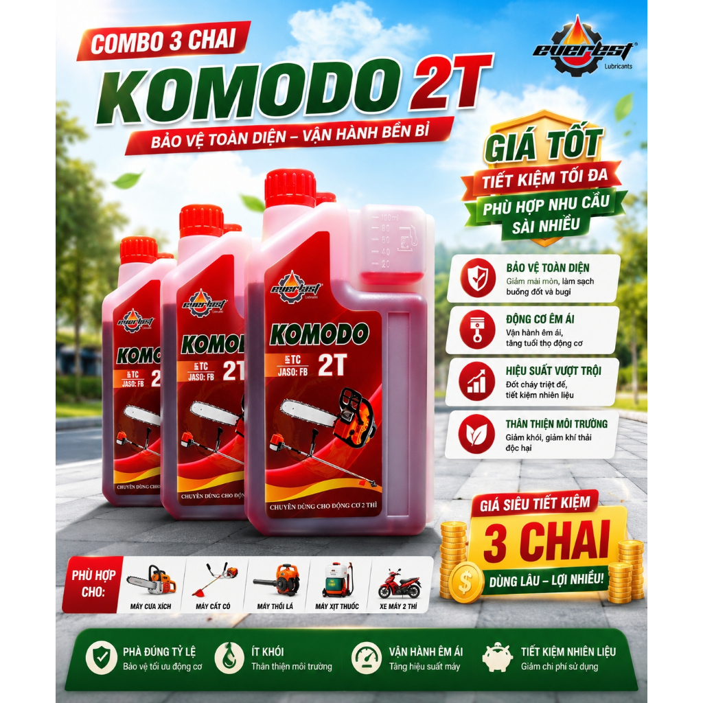 Nhớt 2T KOMODO 1L Có Bình Đong - Dầu Nhớt Động Cơ 2 Thì Ít Khói, Pha Xăng E10 Cho Xe 2T, Máy Cưa Cắt Cỏ Phun Thuốc