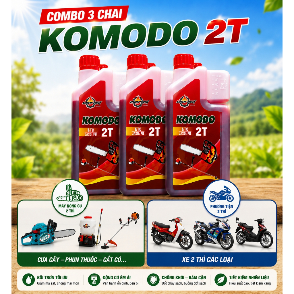 Nhớt 2T KOMODO 1L Có Bình Đong - Dầu Nhớt Động Cơ 2 Thì Ít Khói, Pha Xăng E10 Cho Xe 2T, Máy Cưa Cắt Cỏ Phun Thuốc