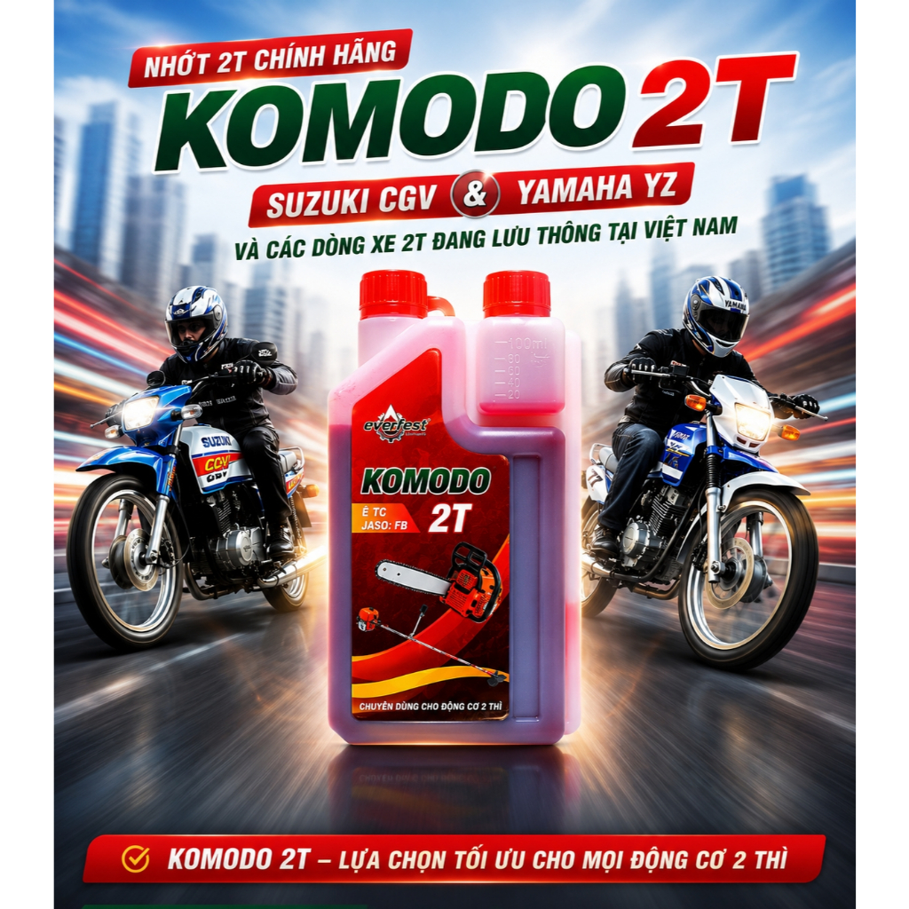 Nhớt 2T KOMODO 1L Có Bình Đong - Dầu Nhớt Động Cơ 2 Thì Ít Khói, Pha Xăng E10 Cho Xe 2T, Máy Cưa Cắt Cỏ Phun Thuốc
