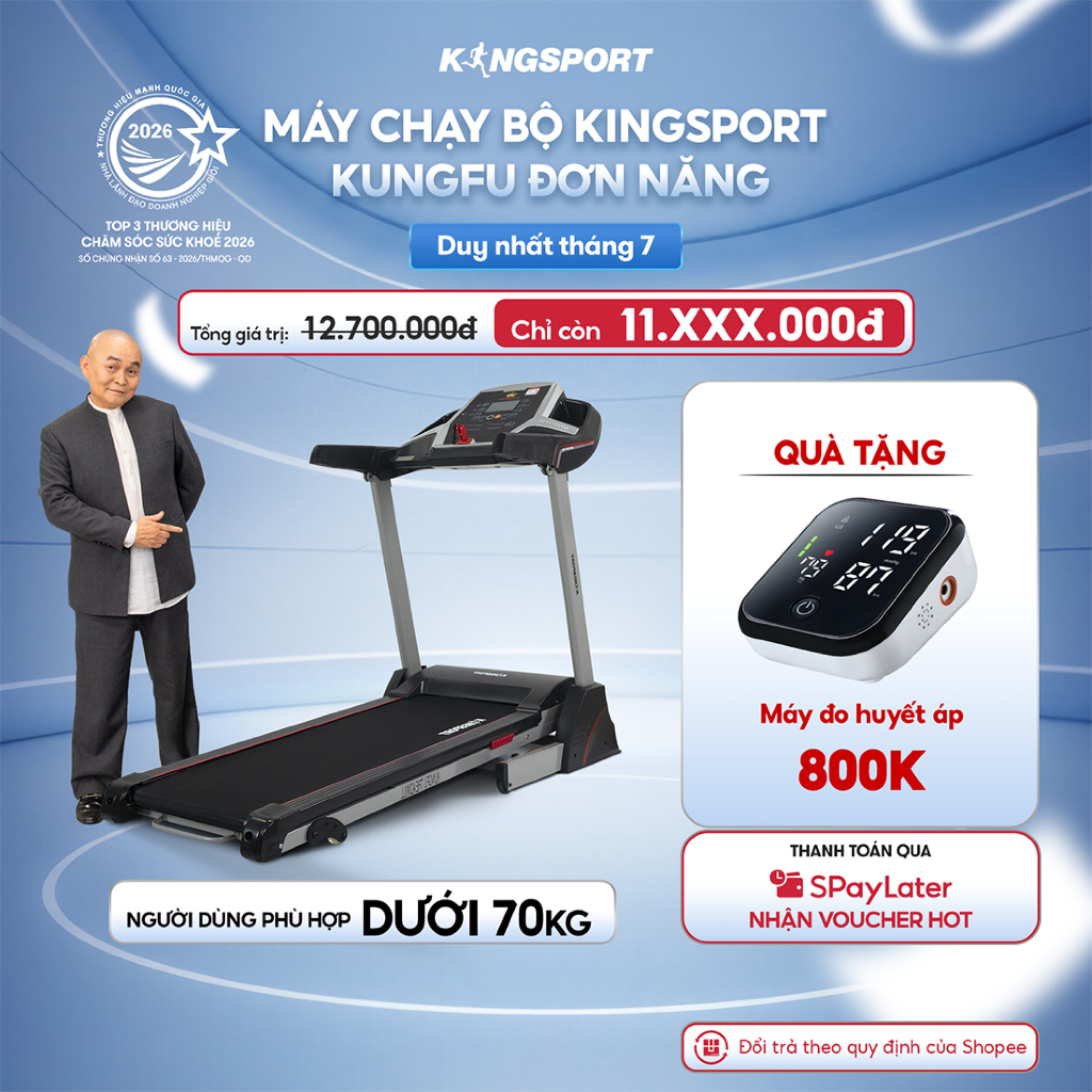 [KOL] Máy chạy bộ KINGSPORT Kungfu đơn năng, tiết kiệm điện năng, gấp gọn tại nhà tiện lợi
