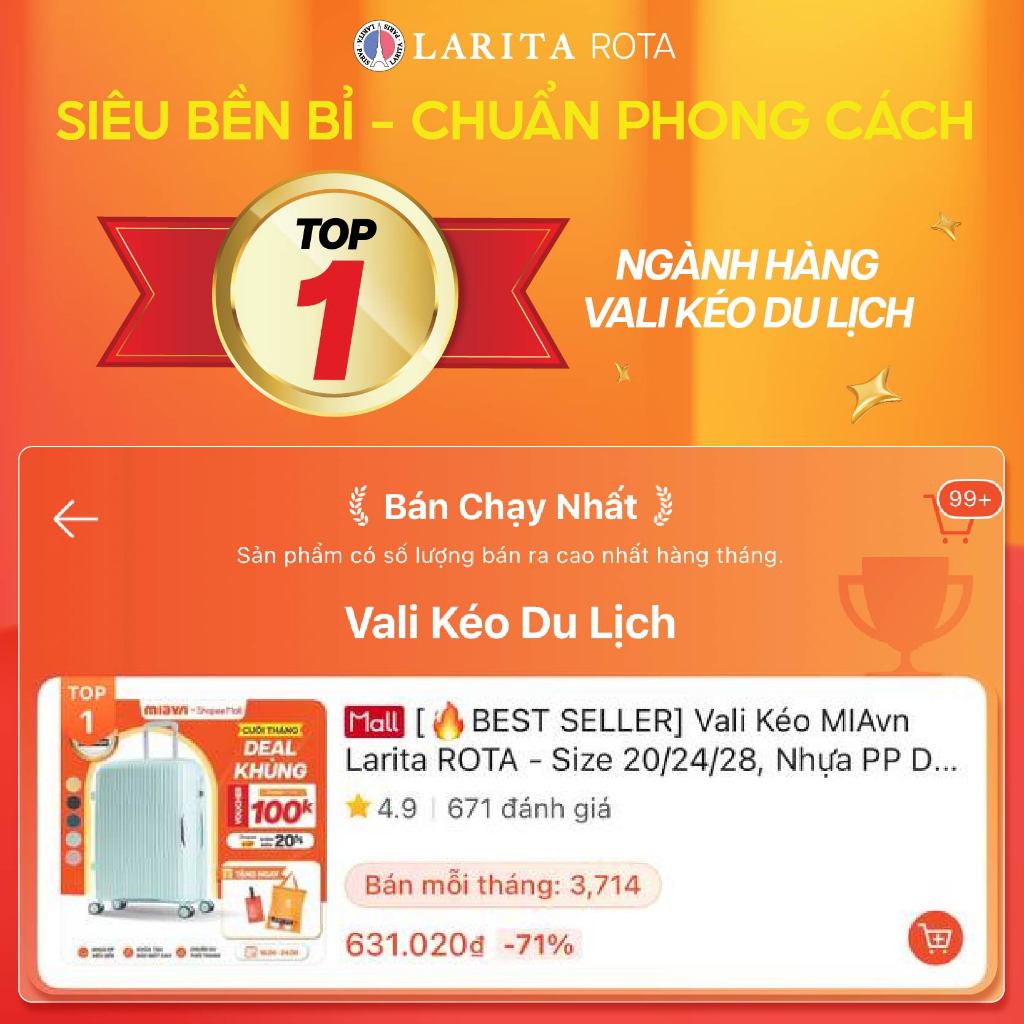 [🔥BEST SELLER] Vali Kéo MIAvn Larita ROTA - Size 20/24/28, Nhựa PP Dẻo Siêu Bền, Hạn Chế Bể, Khoá TSA, Bảo Hành Trọn Đời
