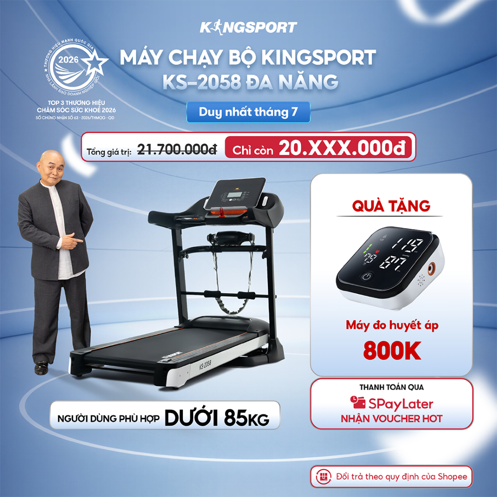CHỈ GIAO MIỀN NAM | Máy chạy bộ KINGSPORT KS-2058 đa năng, nâng dốc tự động 18%, tốc độ tối đa 18km/h