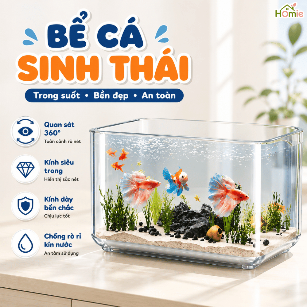 Bể Cá Nhựa Thủy Sinh Trong Suốt HOMIE, Bể Cá Sinh Thái HD Quan Sát 360 Decor Phòng Khách, Văn Phòng